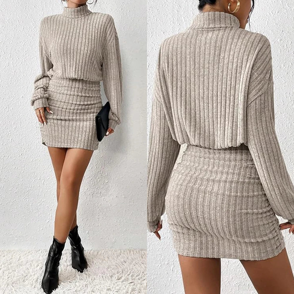 "Veda Love Dress" Knitted Pullover Long Lantern Sleeve High Neck Mini A-Line Dress