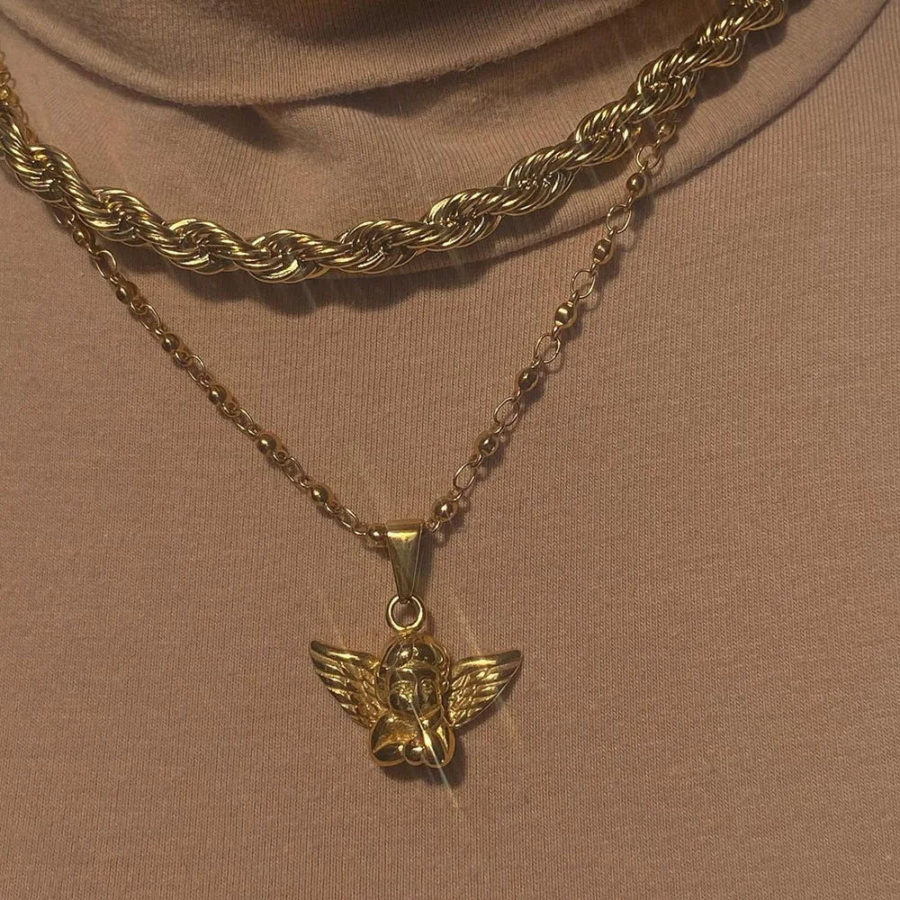 "Golden Angel" Multilayer Cherub Pendant Chain Necklace