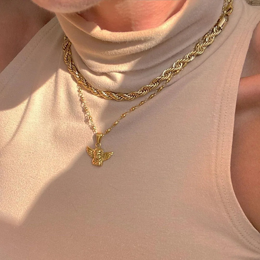"Golden Angel" Multilayer Cherub Pendant Chain Necklace