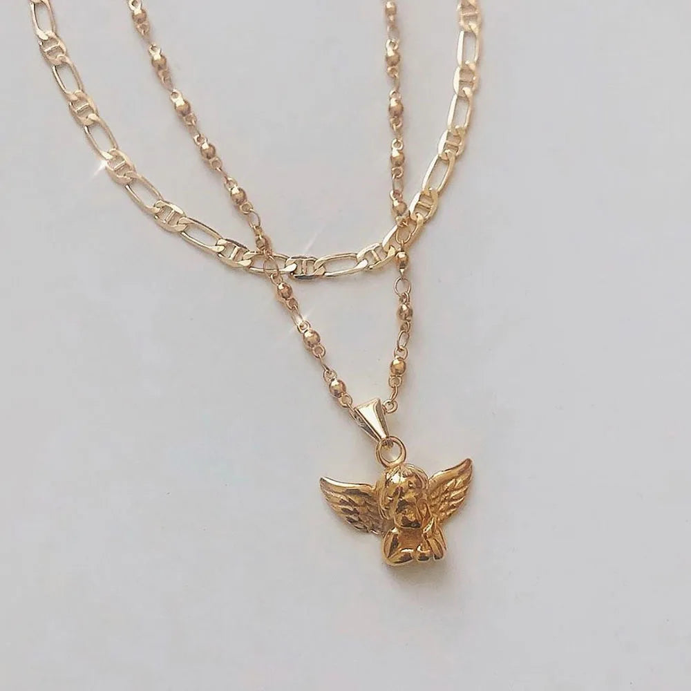 "Golden Angel" Multilayer Cherub Pendant Chain Necklace