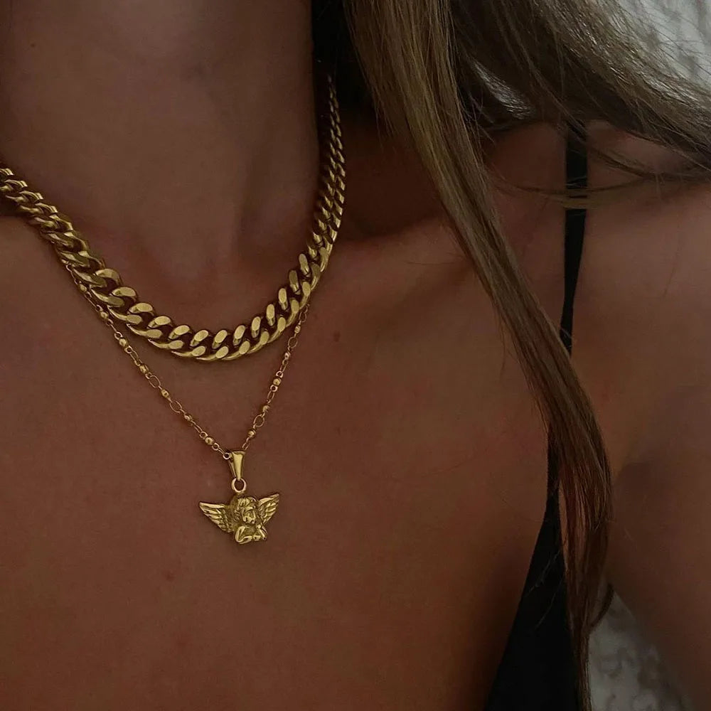 "Golden Angel" Multilayer Cherub Pendant Chain Necklace