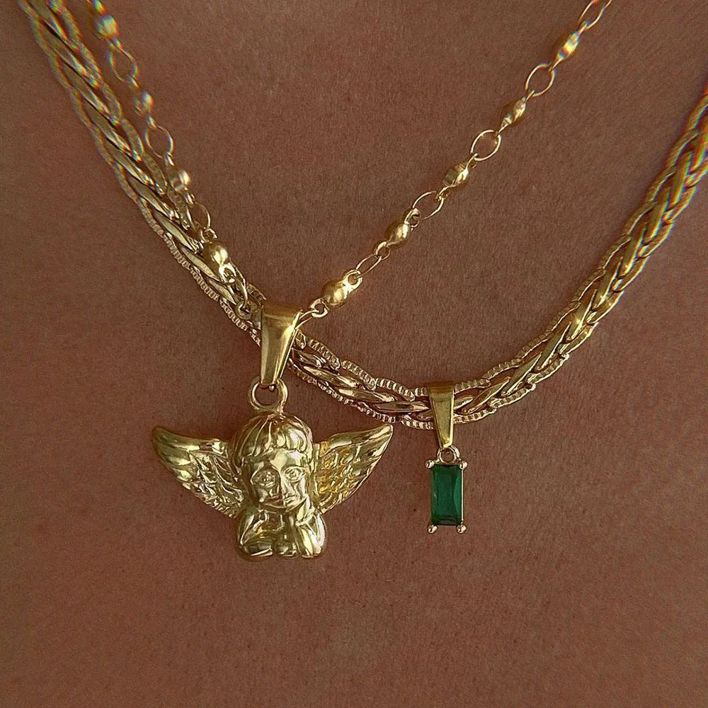 "Golden Angel" Multilayer Cherub Pendant Chain Necklace