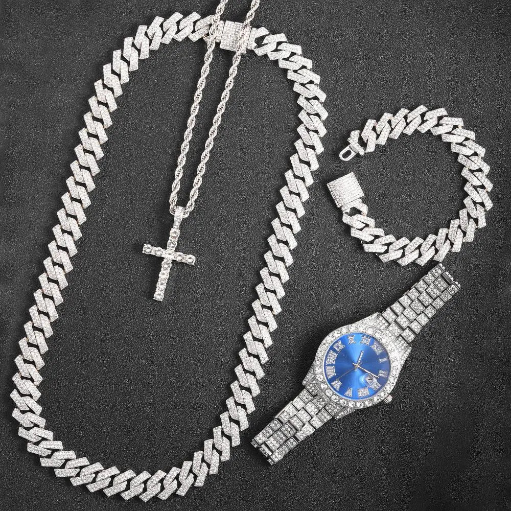"Money Man Ice" Cuban Link Chain Necklace +Watch+Bracelet Iced Out Jewelry Set