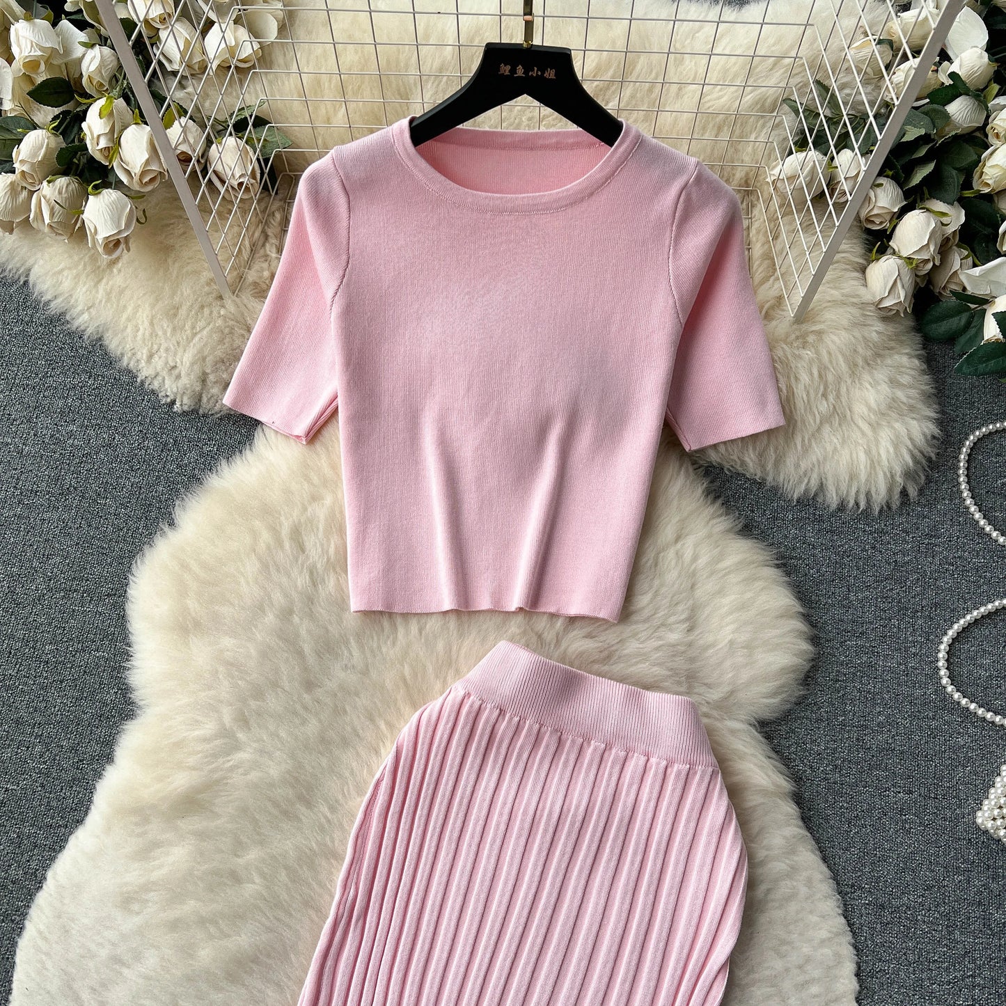 "Lisa Sweater Two-Piece Outfit" Two Piece O Neck Top Long Skirt Knit Suit