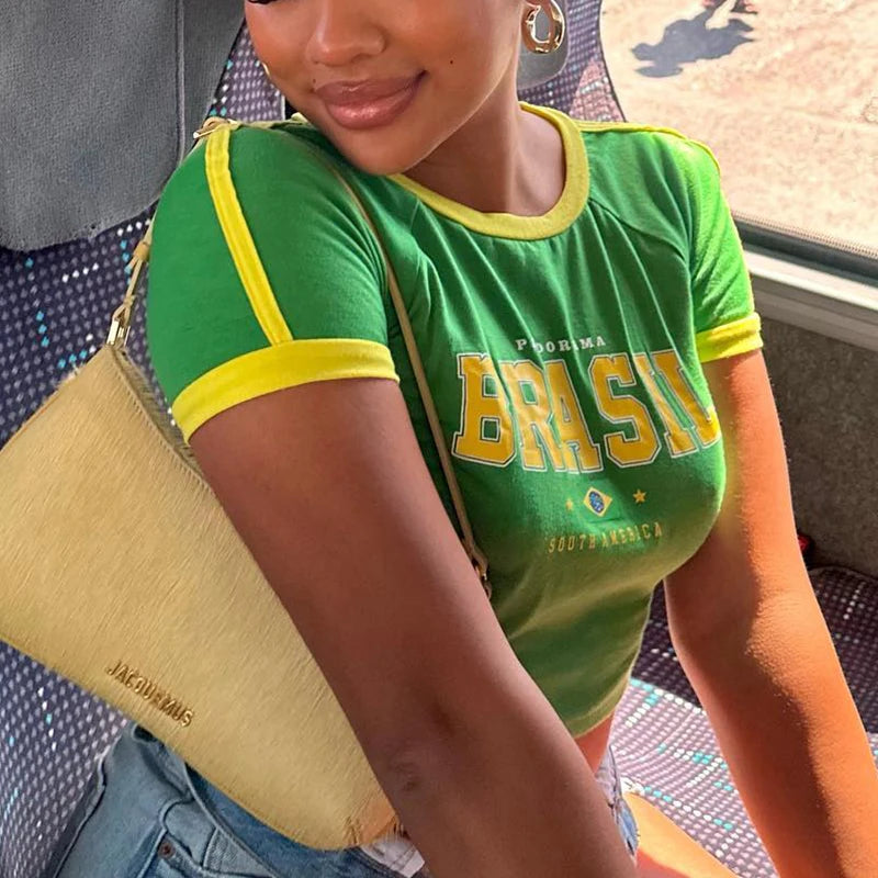 "South American Crop Tee" Green Brazil Letters Print Crop Top