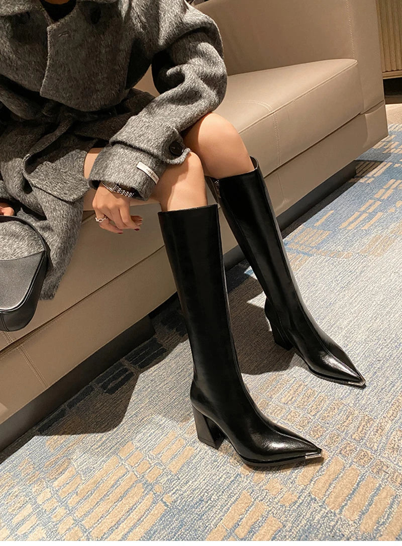 "Donna" Pointed Toe Side Zippers Long Booties