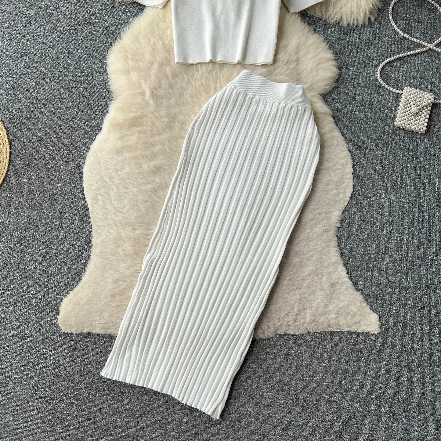 "Lisa Sweater Two-Piece Outfit" Two Piece O Neck Top Long Skirt Knit Suit
