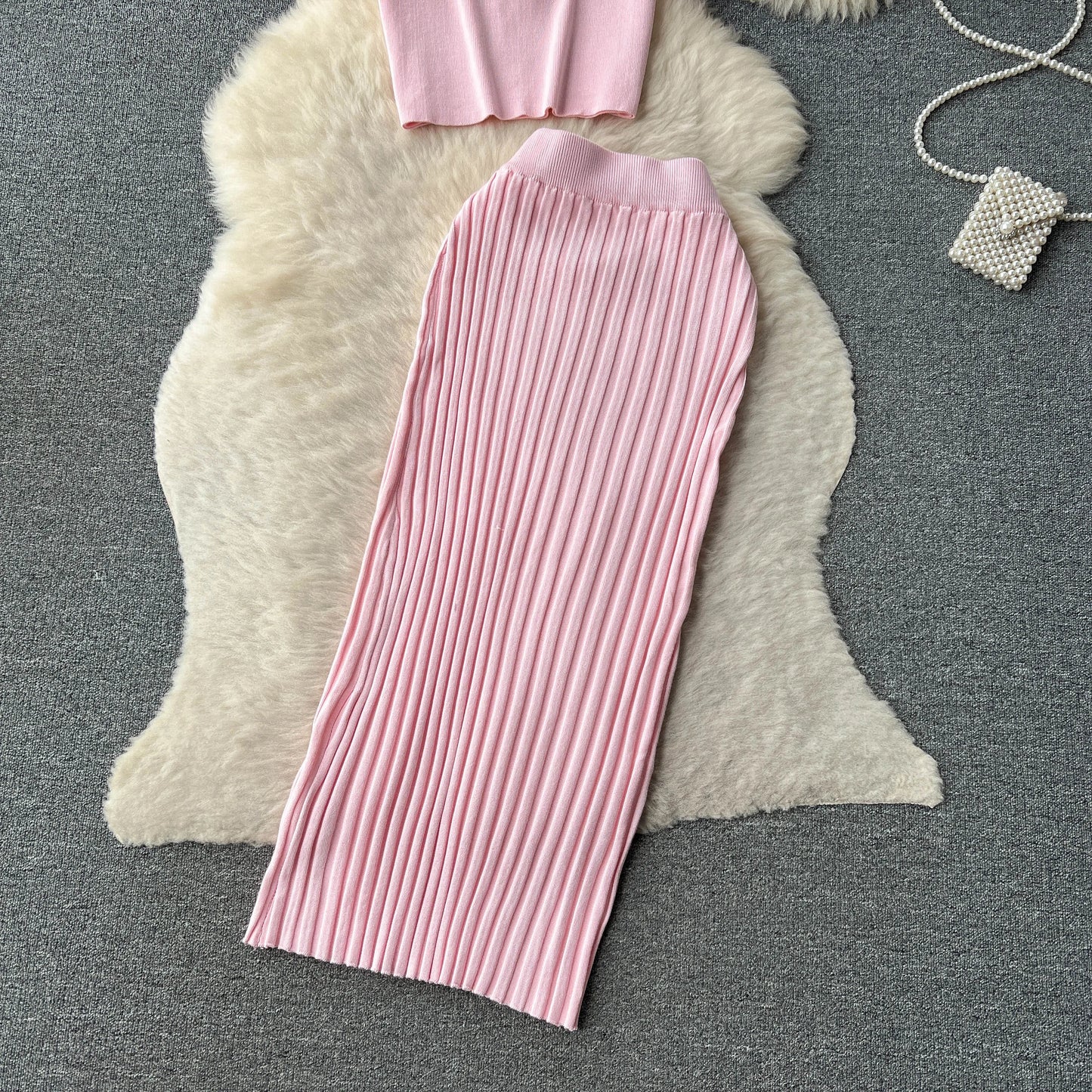 "Lisa Sweater Two-Piece Outfit" Two Piece O Neck Top Long Skirt Knit Suit