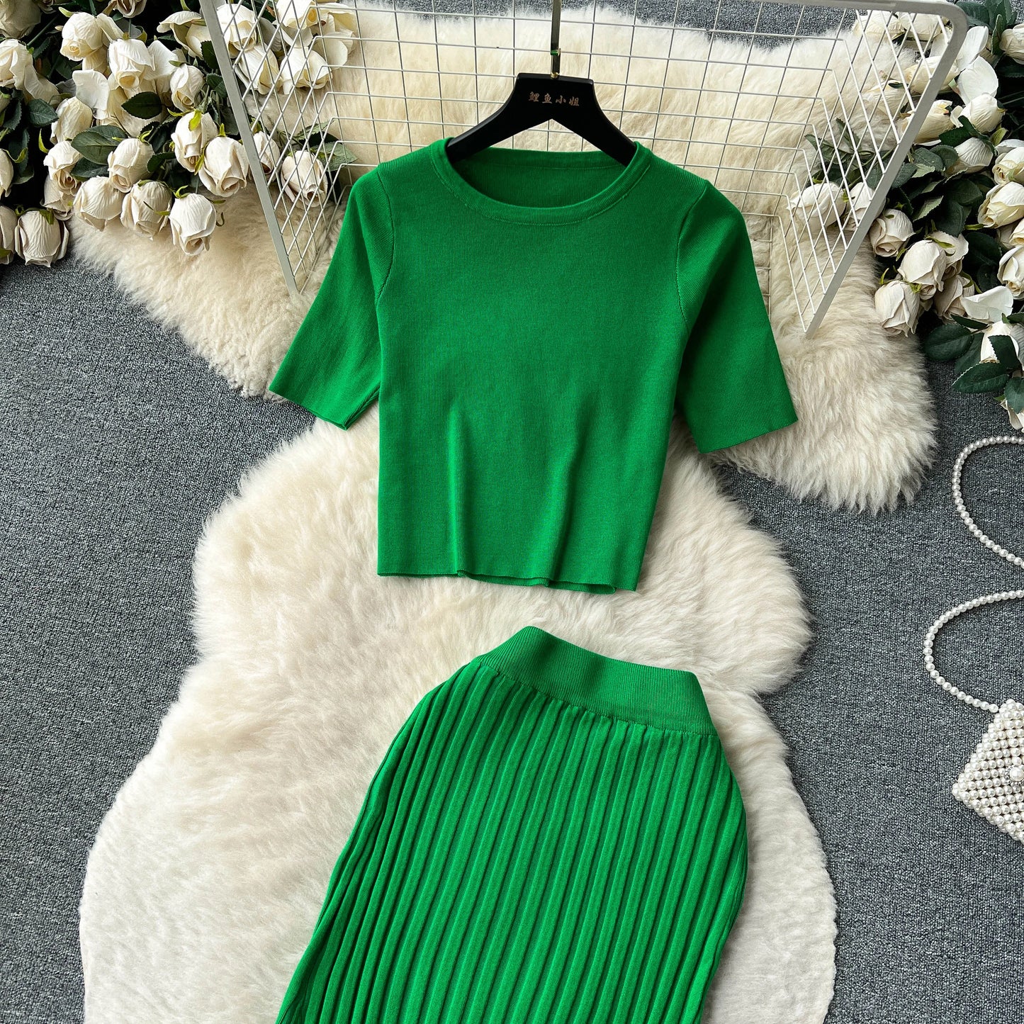"Lisa Sweater Two-Piece Outfit" Two Piece O Neck Top Long Skirt Knit Suit