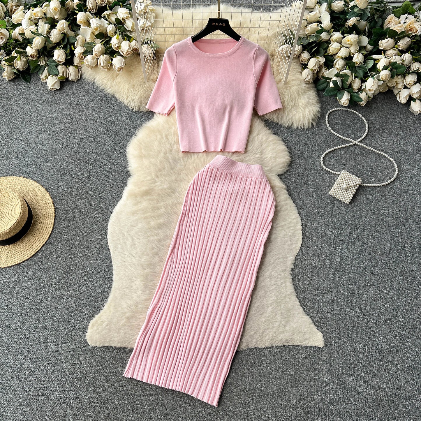 "Lisa Sweater Two-Piece Outfit" Two Piece O Neck Top Long Skirt Knit Suit