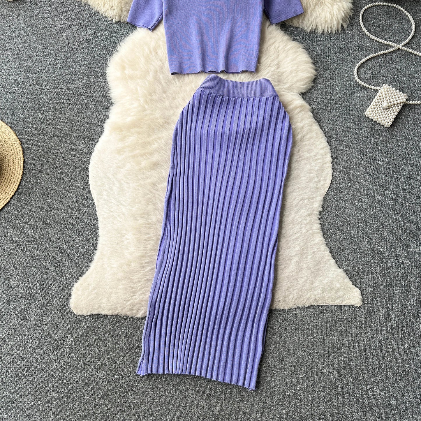 "Lisa Sweater Two-Piece Outfit" Two Piece O Neck Top Long Skirt Knit Suit