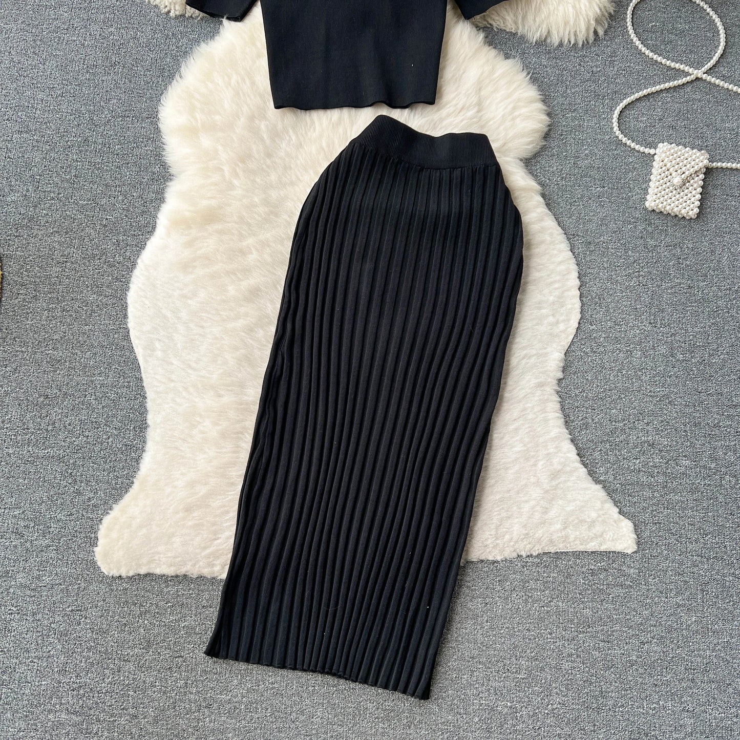"Lisa Sweater Two-Piece Outfit" Two Piece O Neck Top Long Skirt Knit Suit