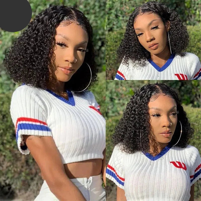 "Princess Love" Kinky Curly Edged Short Bob Human Hair Transparent Lace Front Wig
