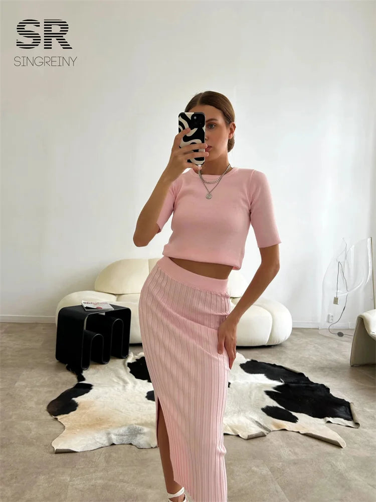 "Lisa Sweater Two-Piece Outfit" Two Piece O Neck Top Long Skirt Knit Suit
