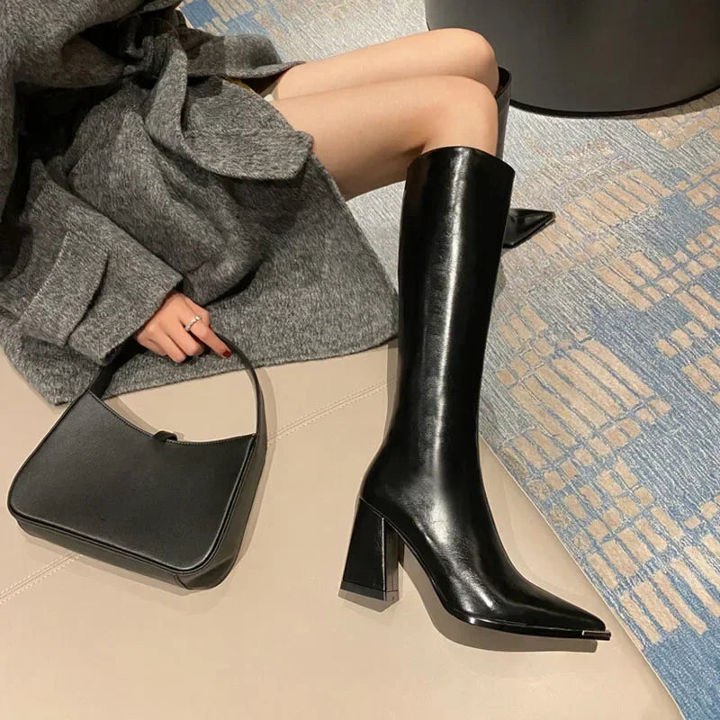 "Donna" Pointed Toe Side Zippers Long Booties