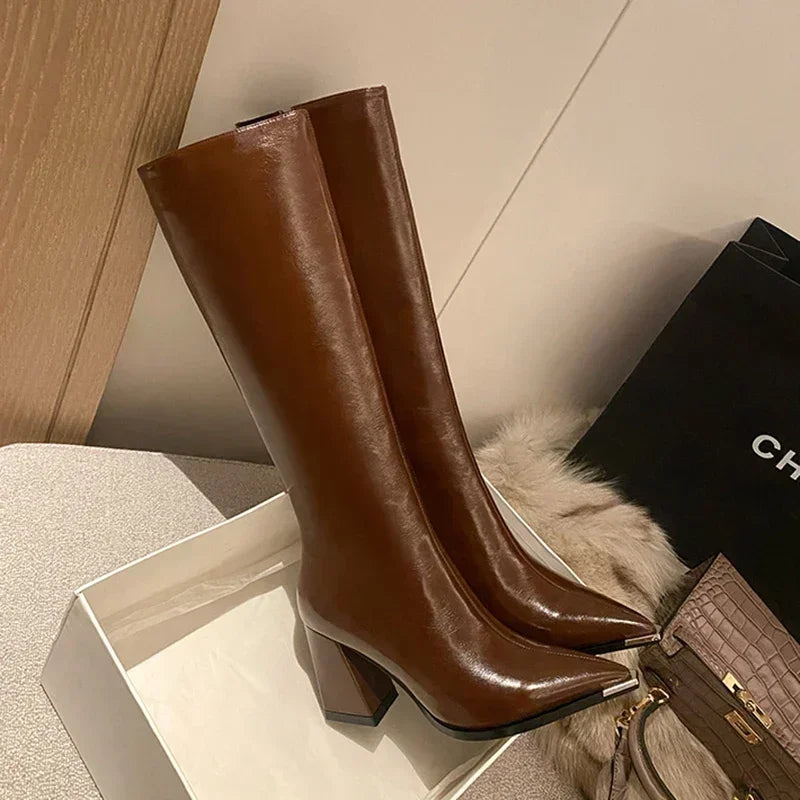 "Donna" Pointed Toe Side Zippers Long Booties
