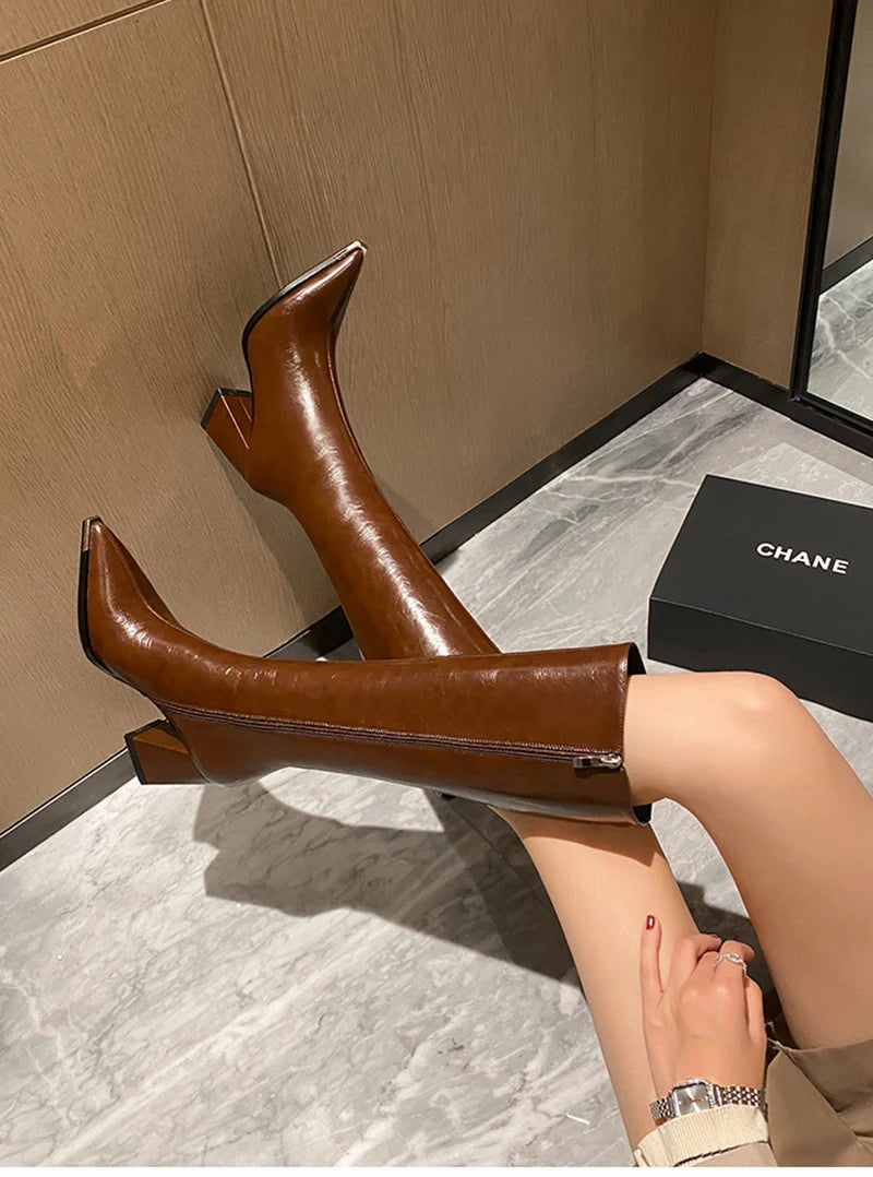 "Donna" Pointed Toe Side Zippers Long Booties