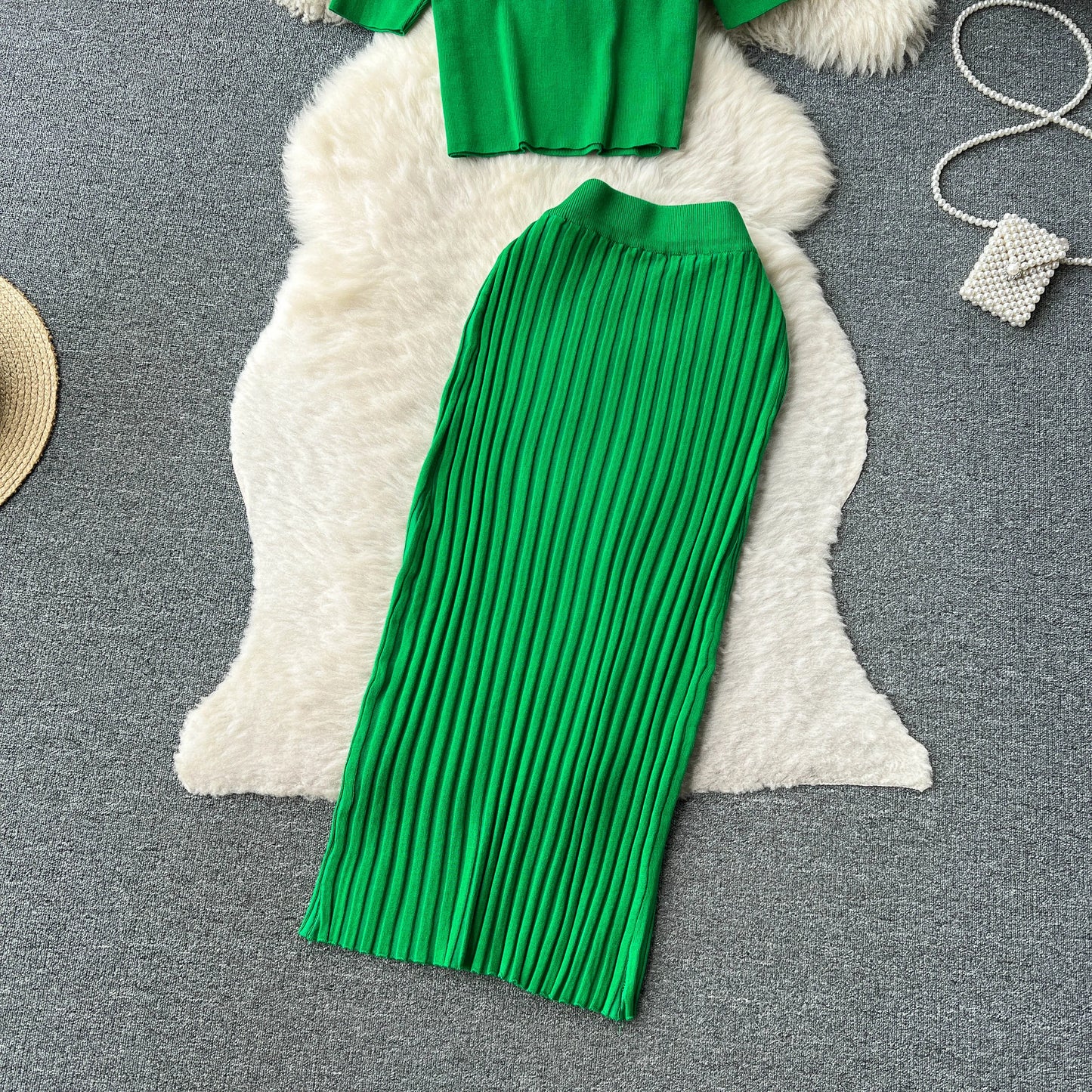 "Lisa Sweater Two-Piece Outfit" Two Piece O Neck Top Long Skirt Knit Suit