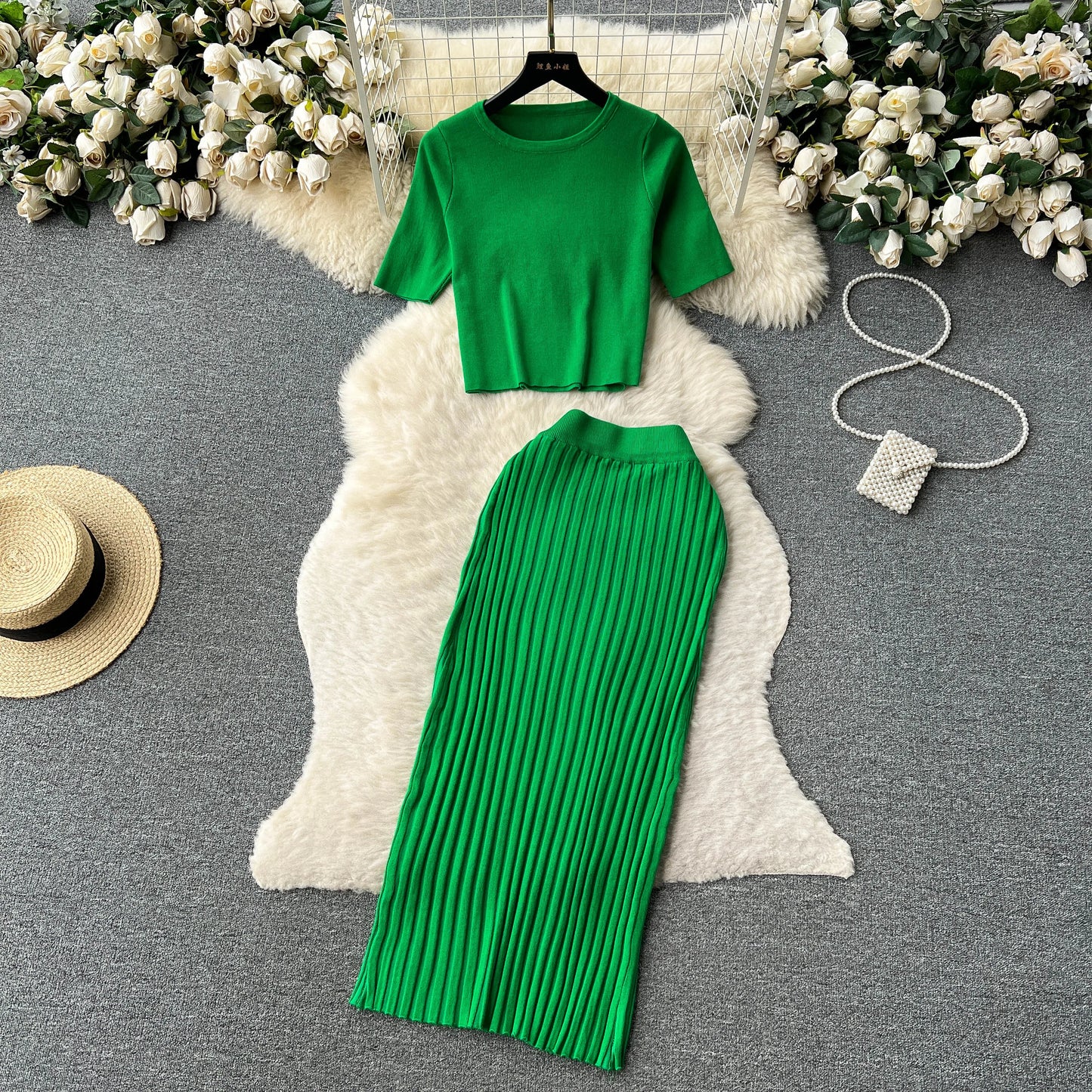 "Lisa Sweater Two-Piece Outfit" Two Piece O Neck Top Long Skirt Knit Suit