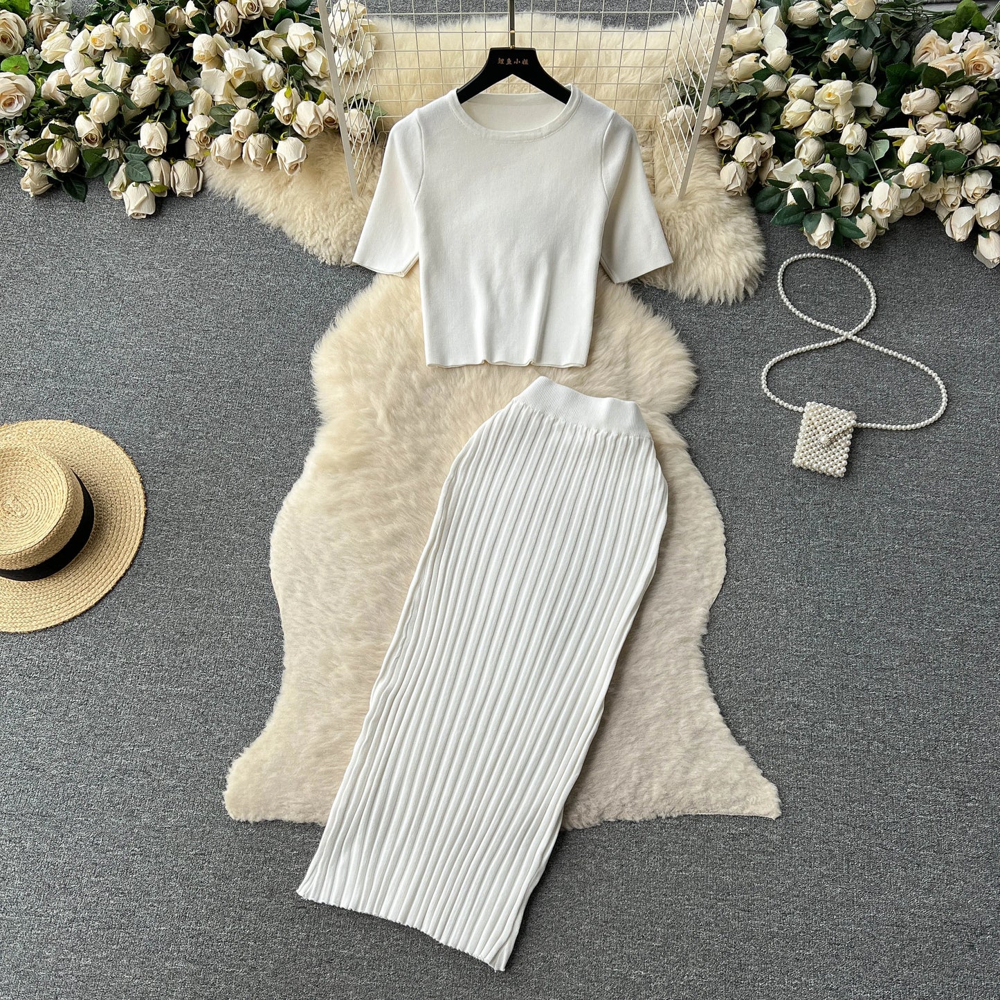 "Lisa Sweater Two-Piece Outfit" Two Piece O Neck Top Long Skirt Knit Suit