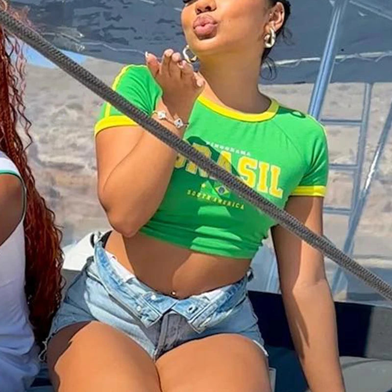 "South American Crop Tee" Green Brazil Letters Print Crop Top