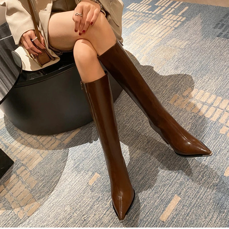 "Donna" Pointed Toe Side Zippers Long Booties