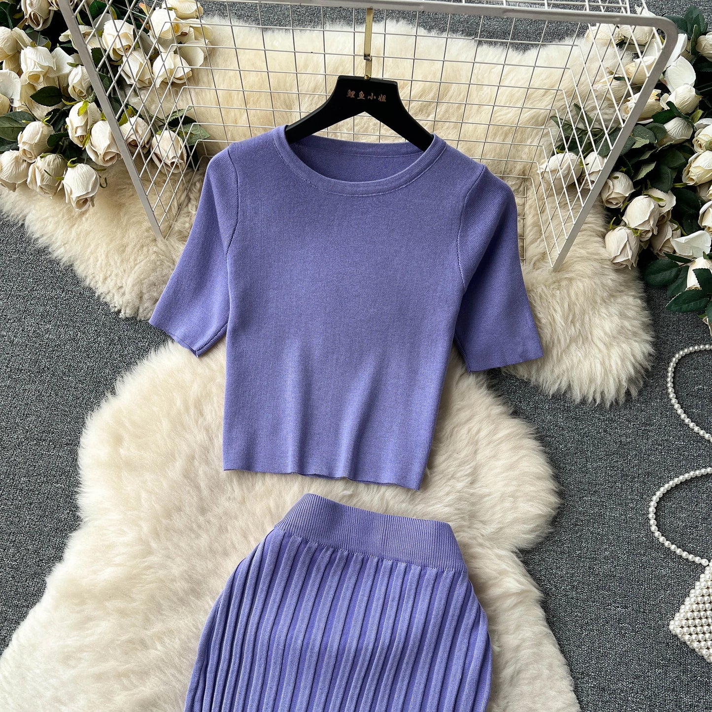 "Lisa Sweater Two-Piece Outfit" Two Piece O Neck Top Long Skirt Knit Suit
