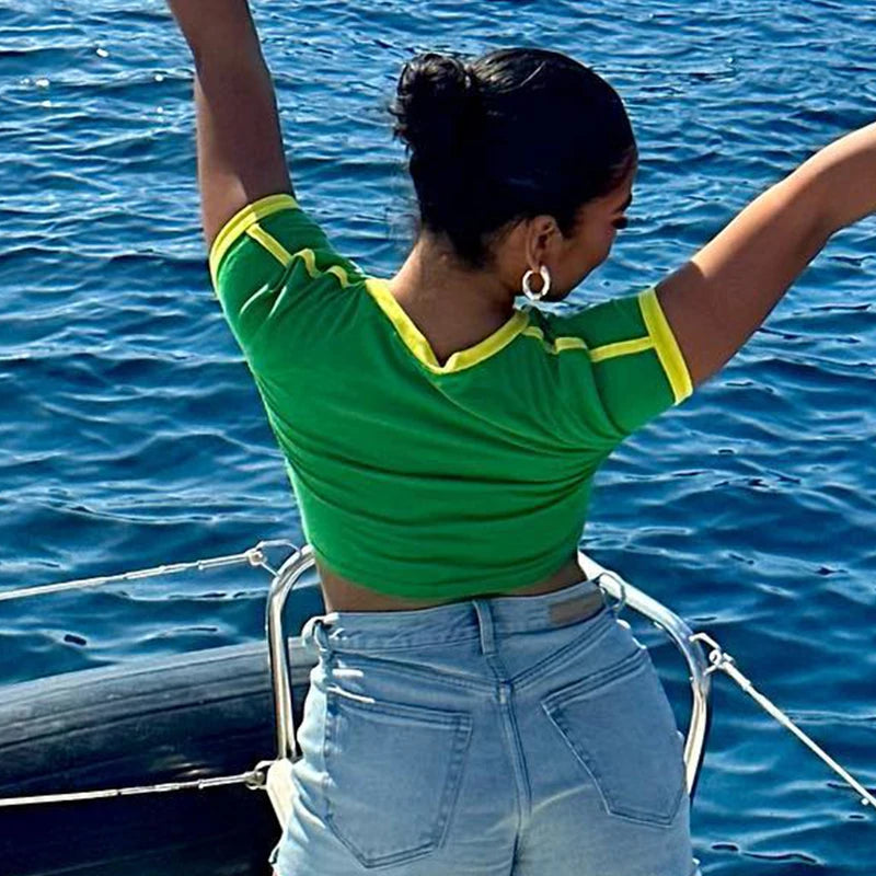 "South American Crop Tee" Green Brazil Letters Print Crop Top