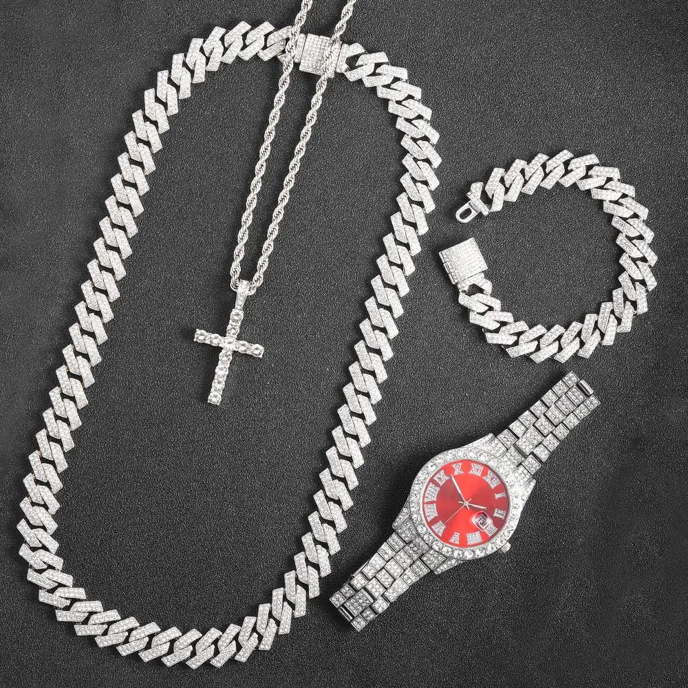 "Money Man Ice" Cuban Link Chain Necklace +Watch+Bracelet Iced Out Jewelry Set