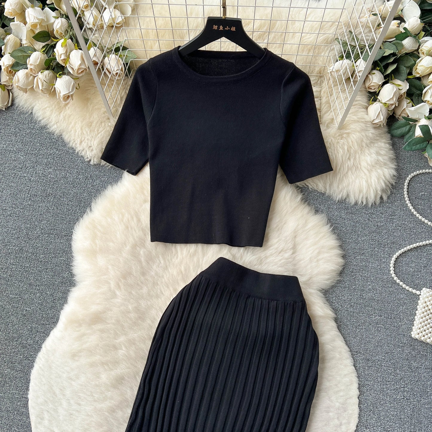"Lisa Sweater Two-Piece Outfit" Two Piece O Neck Top Long Skirt Knit Suit