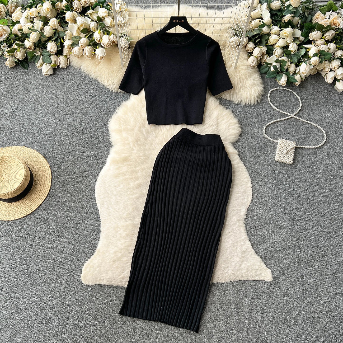 "Lisa Sweater Two-Piece Outfit" Two Piece O Neck Top Long Skirt Knit Suit