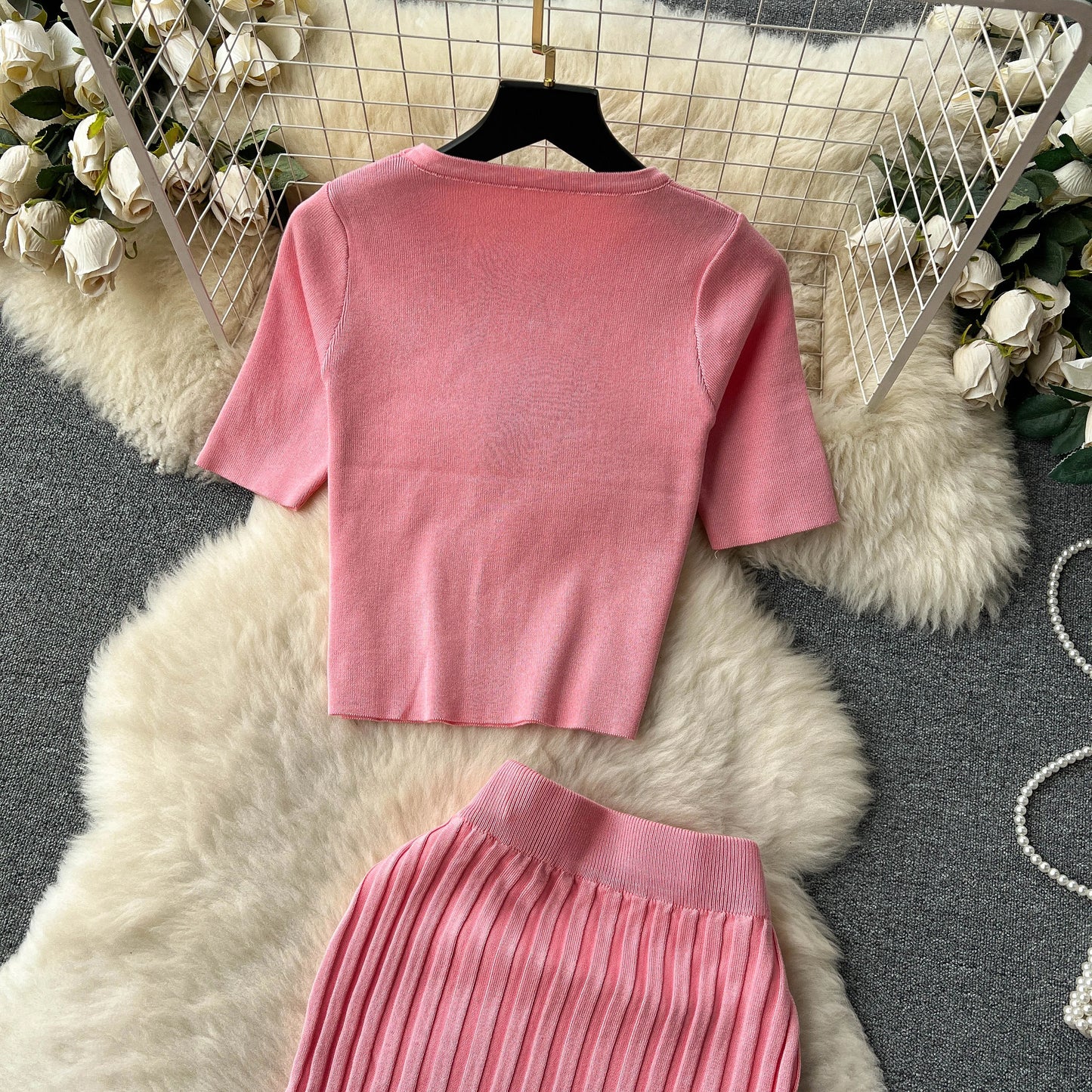 "Lisa Sweater Two-Piece Outfit" Two Piece O Neck Top Long Skirt Knit Suit