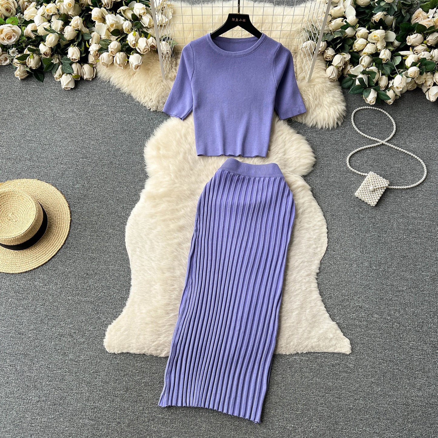 "Lisa Sweater Two-Piece Outfit" Two Piece O Neck Top Long Skirt Knit Suit