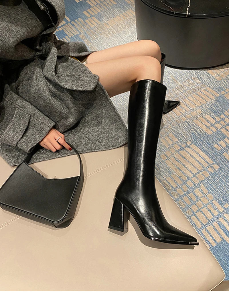 "Donna" Pointed Toe Side Zippers Long Booties