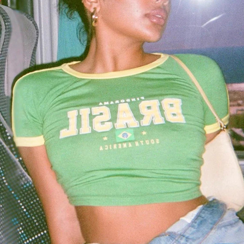 "South American Crop Tee" Green Brazil Letters Print Crop Top