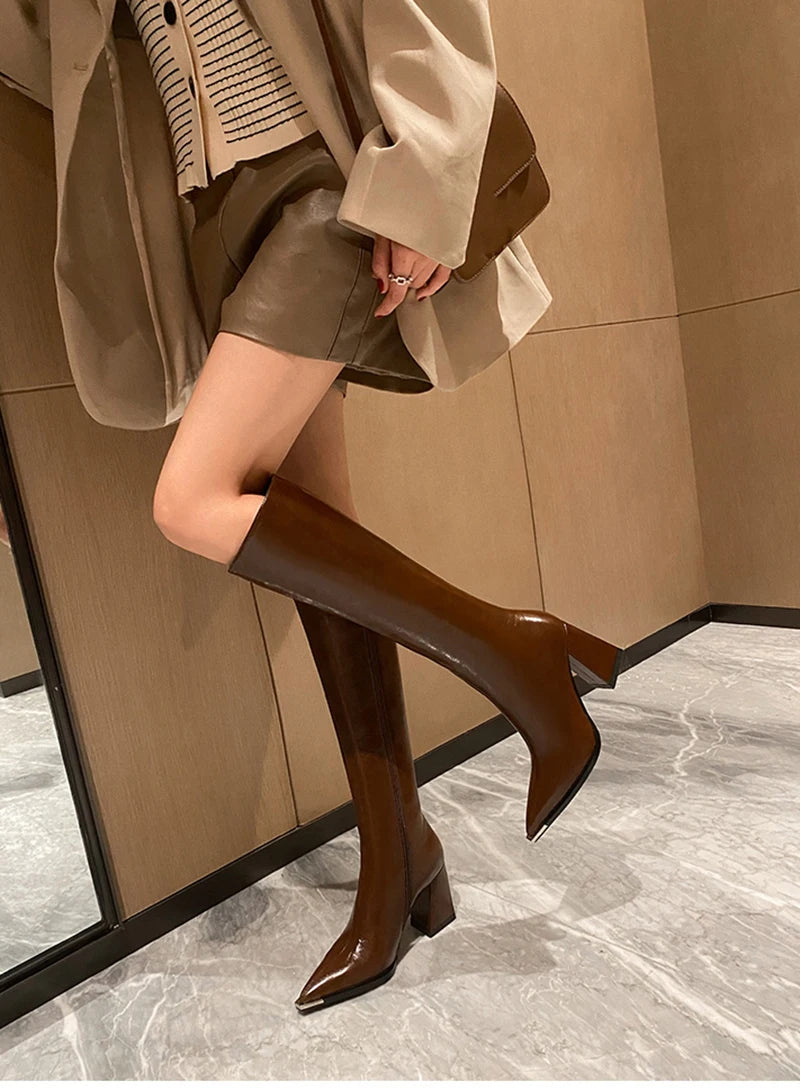 "Donna" Pointed Toe Side Zippers Long Booties