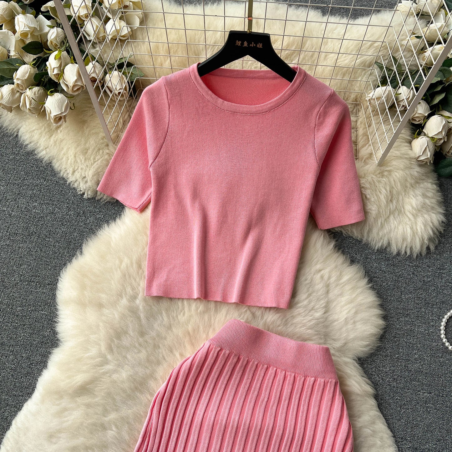 "Lisa Sweater Two-Piece Outfit" Two Piece O Neck Top Long Skirt Knit Suit