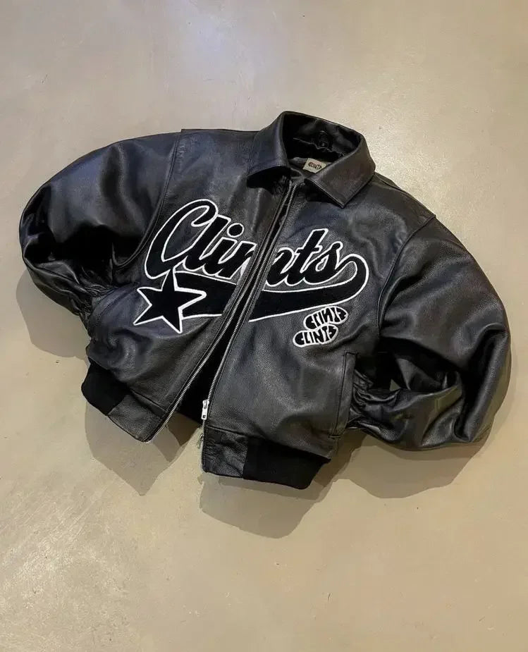 Pop Retro Embroidery Motorcycle Wear Leather Zipper Jacket