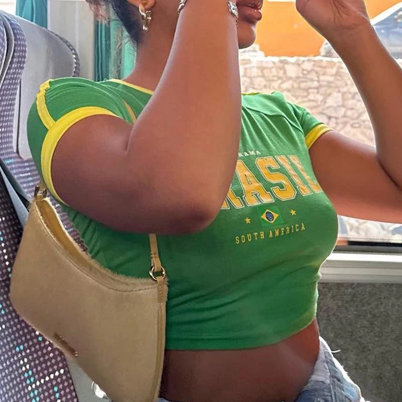 "South American Crop Tee" Green Brazil Letters Print Crop Top