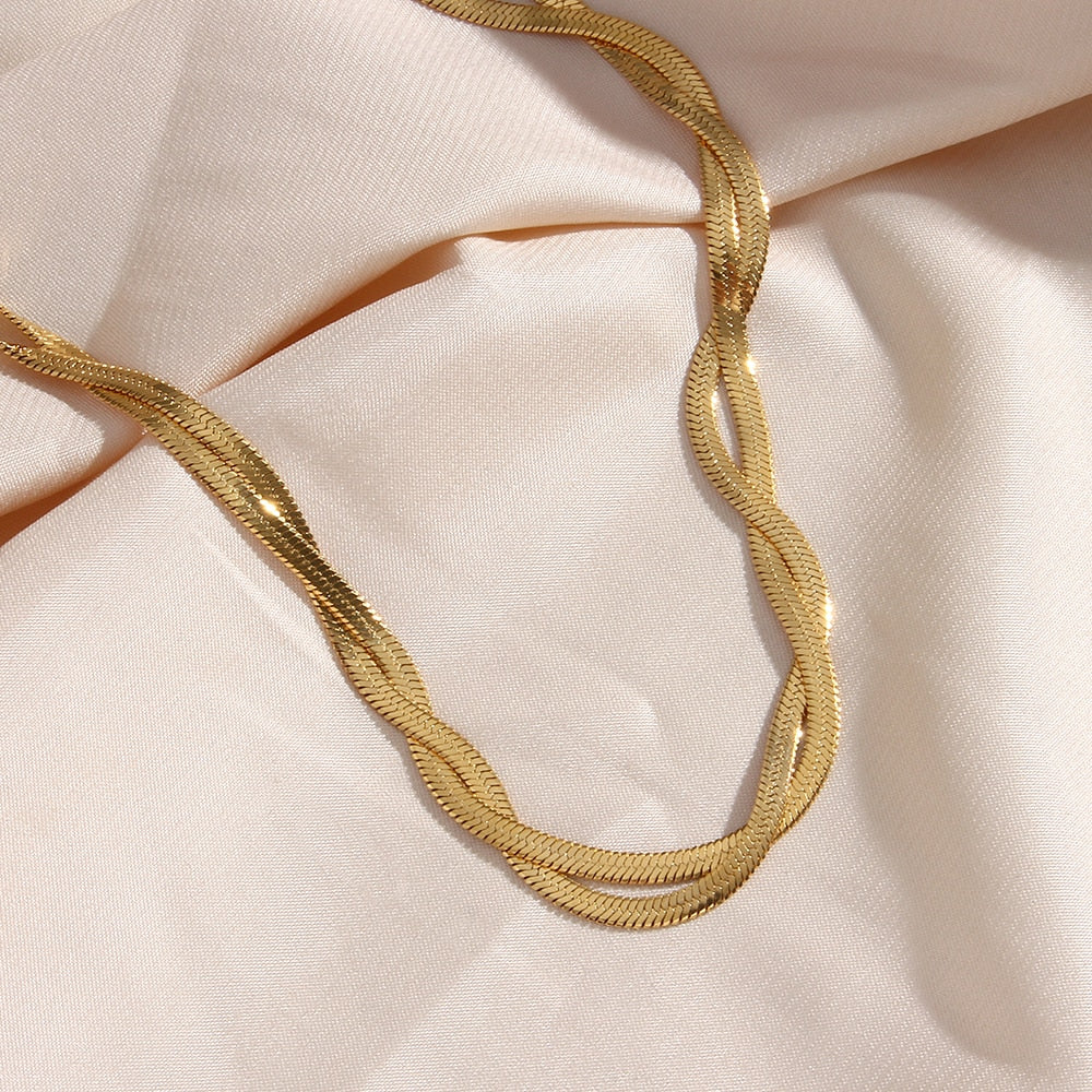"Lover's Gold" Gold Plated Waterproof Braided New Herringbone Chain Necklace Bracelets Set