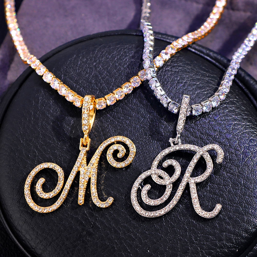 "Icee Initial Pendant & Chain" New Cursive Letter Intial Gold Silver Color CZ 26 Alphabet Icy Bling Pendant & Necklace