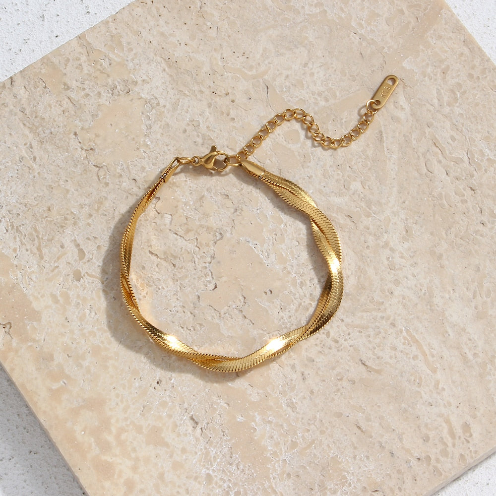 "Lover's Gold" Gold Plated Waterproof Braided New Herringbone Chain Necklace Bracelets Set