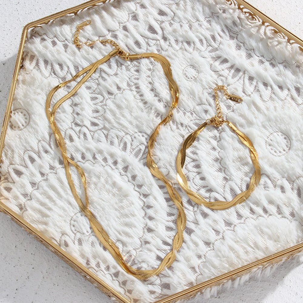 "Lover's Gold" Gold Plated Waterproof Braided New Herringbone Chain Necklace Bracelets Set