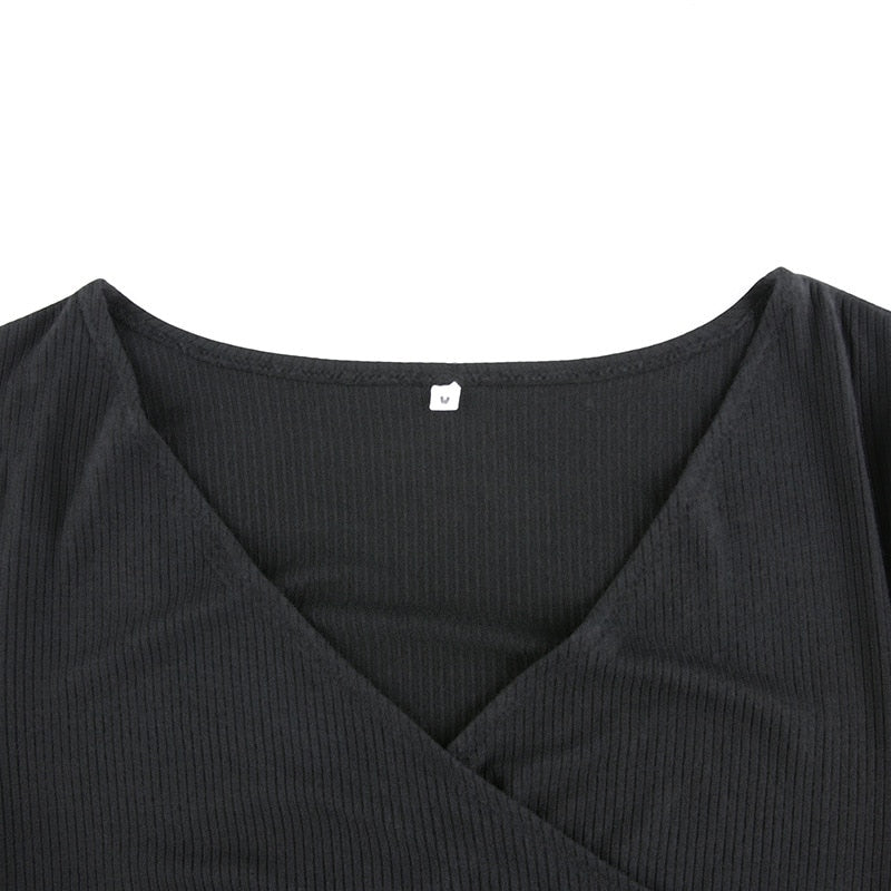 "Kitty Kat Bodycon" Black Knitted Ribbed Midi V Neck Elegant Long Sleeve Ruffles Bodycon Dress