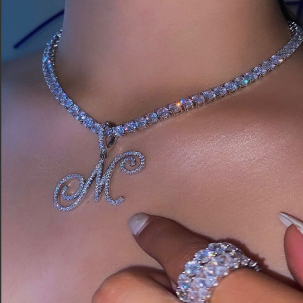 "Icee Initial Pendant & Chain" New Cursive Letter Intial Gold Silver Color CZ 26 Alphabet Icy Bling Pendant & Necklace