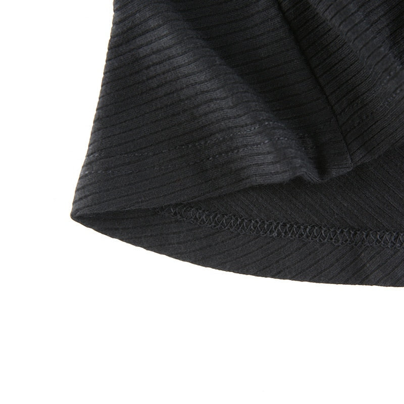 "Kitty Kat Bodycon" Black Knitted Ribbed Midi V Neck Elegant Long Sleeve Ruffles Bodycon Dress