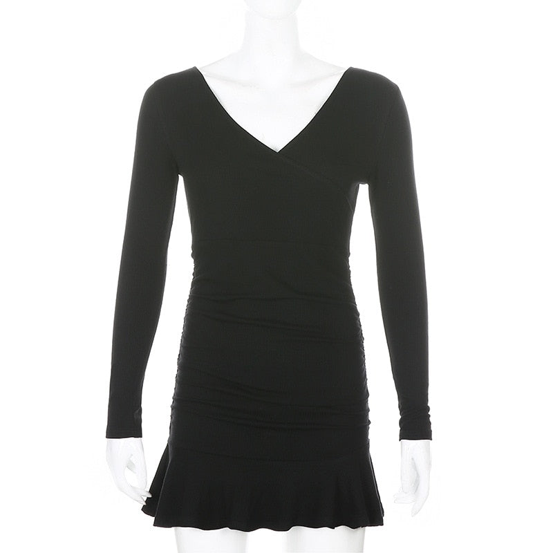 "Kitty Kat Bodycon" Black Knitted Ribbed Midi V Neck Elegant Long Sleeve Ruffles Bodycon Dress