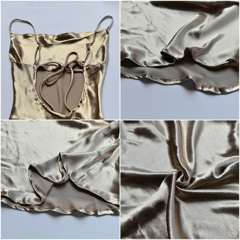 "Silk NightOut" LoveLee Spaghetti Strap Backless Satin Lace Up Trumpet Elegant Bodycon Dress