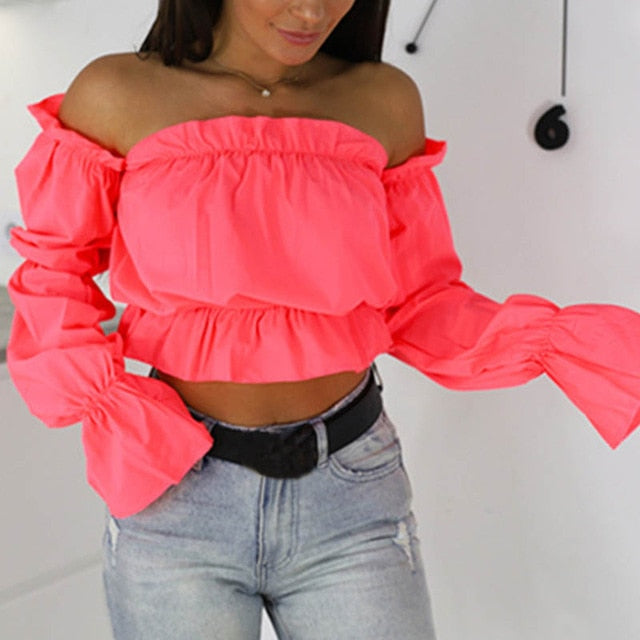 "Candy Color Off Shoulder Crop Top" Sexy Beach Blouse