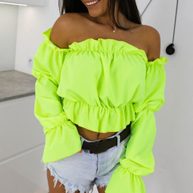 "Candy Color Off Shoulder Crop Top" Sexy Beach Blouse